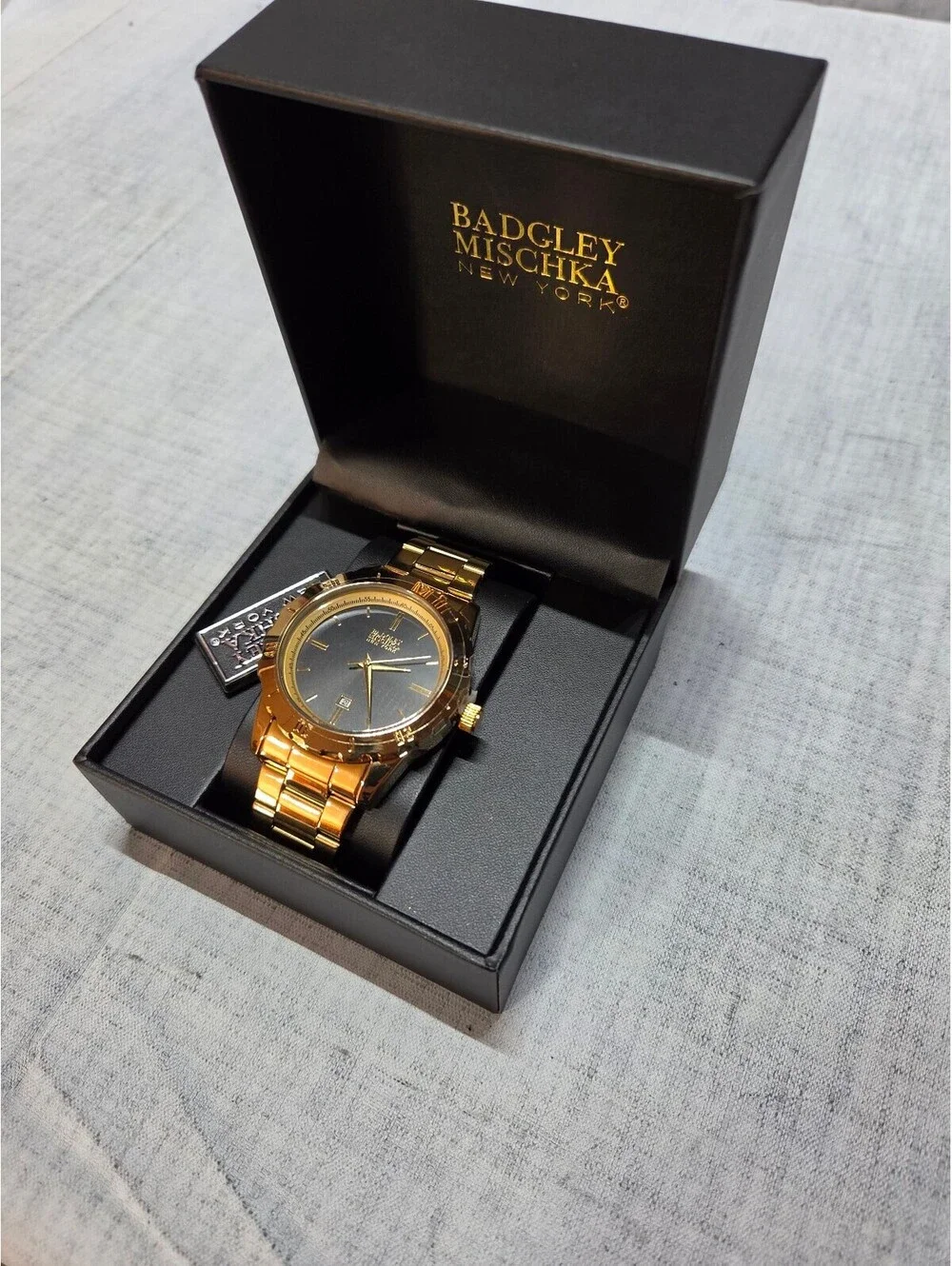 Badgley Mischka Mens Gold Tone Watch with Black Dial